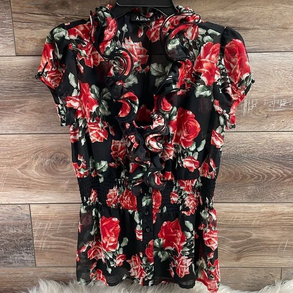 A Byer Blouse Set,Button Cardigan& Spaghetti Strap Top,M, Floral Black and Red - Picture 1 of 13